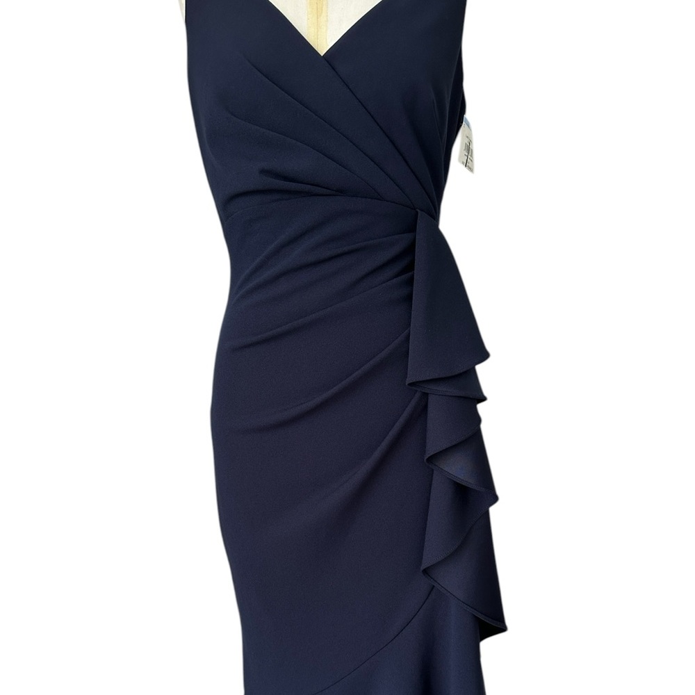 Betsy & Adam Candace Long V-neck Hi Low Cascade Dress Front Ruffle Navy Size 4 - Picture 7 of 15